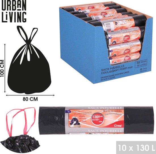 Sacs poubelles noirs avec fermeture à cordon, 100x80cm. L'emballage montre une boîte de 10 rouleaux de 10 sacs.