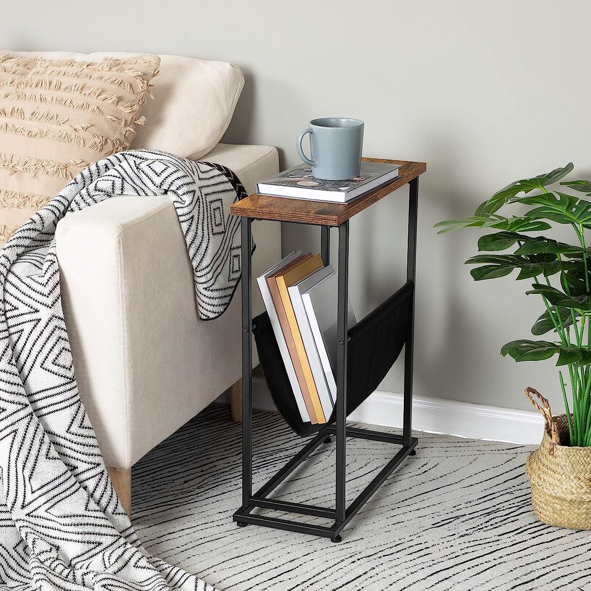 Yusong Kleine C-vormige bijzettafel, smal, smal, salontafels, glijdt onder het slaapbankje, smal snackblad, tafel voor koffie, laptop in de woonkamer, eenvoudige montage, grijs en