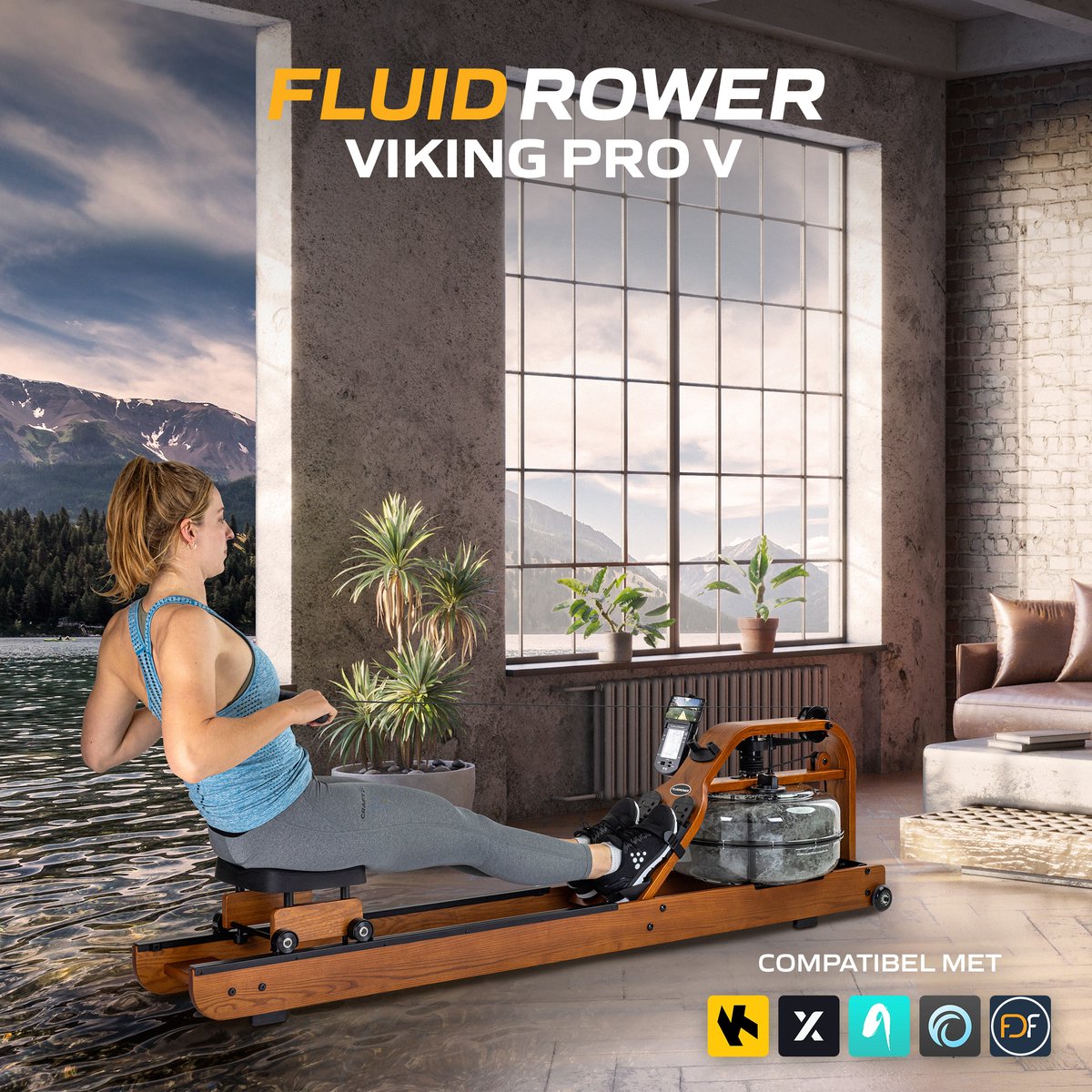 Afbeelding 3 van Fluid Rower Viking Pro + Smartphone Houder - Opklapbaar - Roeimachine met 5 weerstanden - Roeiapparaat voor thuis - Bluetooth - Verstelbaar - Water weerstand - Inclusief hartslagfunctie
