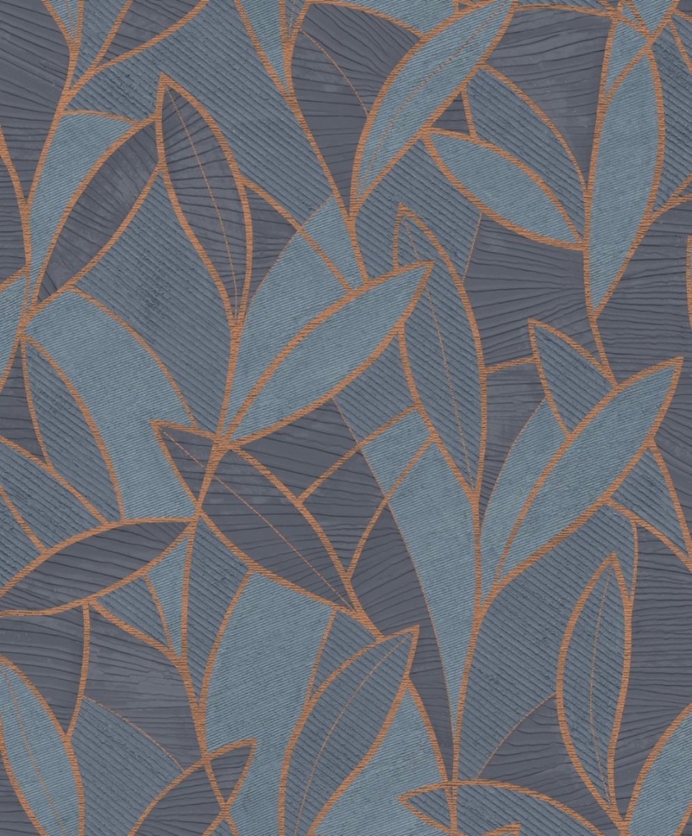 Allure - Moderne Bladeren - Behang - Vliesbehang - Wanddecoratie - Blauw - 0,53 x 10,05 M.