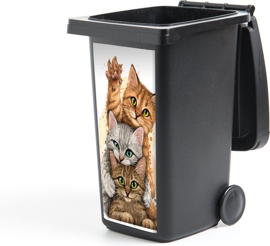 Een illustratie van drie gestapelde katten met luide oogjes op een kleine zwarte vuilnisbak.