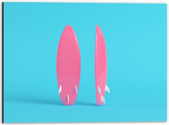 Dibond - Twee Roze Surfboads tegen Felblauwe Achtergrond - 40x30 cm Foto op Aluminium (Met Ophangsysteem)