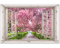 Tuinposter 60x40 cm - Tuindecoratie Japans - Sakura - Bloesem - Boom - Bloesem takken - Doorkijk - Poster voor in de tuin - Buiten decoratie - Schutting tuinschilderij - Tuindoek muurdecoratie - Wanddecoratie balkondoek