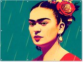 Muurdecoratie buiten Portret - Frida Kahlo - Vrouw - Vintage - Rood - 160x120 cm - Tuindoek - Buitenposter