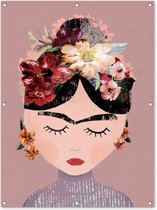 Tuinposter - Tuindoek - Tuinposters buiten - Pastel - Vrouw - Bloemen - Kunst - Frida Kahlo - 90x120 cm - Tuin