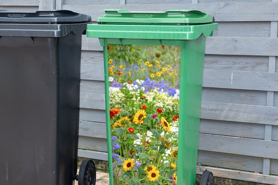 Groene kliko met een afbeelding van zonnebloemen, klaprozen en blauwe bloemen.