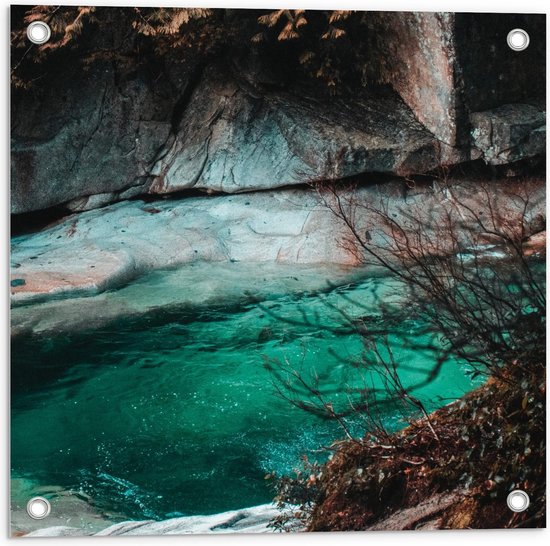 Tuinposter – Blauw Water in een Grot - 50x50cm Foto op Tuinposter  (wanddecoratie voor buiten en binnen)