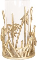 Clayre & Eef Windlicht Ø 18*26 cm Goudkleurig Glas / Kunststof Rond Bamboe Kaarsenhouder Sfeerverlichting