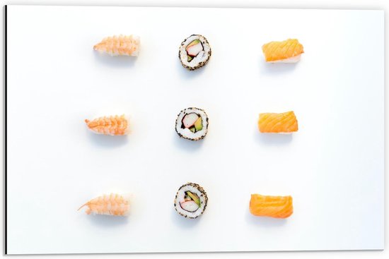Dibond - Verzameling Sushi - 60x40cm Foto op Aluminium (Met Ophangsysteem)