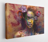 Woman in paint. Attractive and sexy girl. Face art. Bright make up and body art. Flowers in hair. Over creative background - Modern Art Canvas - Horizontal - 243470797 - 115*75 Hor