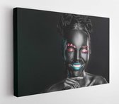 Portrait of beautiful young woman with surreal makeup on dark background  - Modern Art Canvas - Horizontal - 1176061207 - 115*75 Horizontal