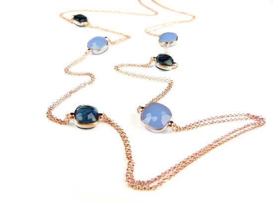 Zilveren halsketting collier halssnoer roos goud verguld Model New Trend gezet met blauwe stenen