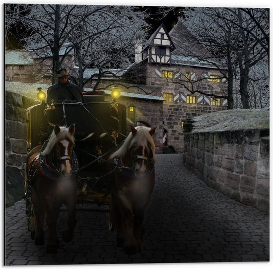 Dibond - Man met Paard en Wagen  - 50x50cm Foto op Aluminium (Met Ophangsysteem)