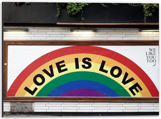 Dibond - ''Love is Love'' op Regenboog tegen Muur - 40x30cm Foto op Aluminium (Met Ophangsysteem)