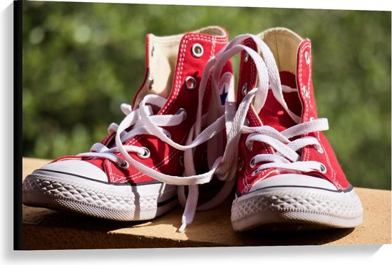 Canvas - Rode Converse Schoenen op een Muurtje - 90x60cm Foto op Canvas  Schilderij | bol.com
