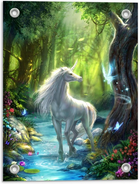 Tuinposter – Getekende Unicorn in Fantasiebos - 30x40cm Foto op Tuinposter  (wanddecoratie voor buiten en binnen)
