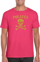 Piraten shirt / foute party verkleed t-shirt - goud glitter roze - heren - piraten verkleedkleding / outfit S