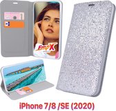 EmpX.nl Apple iPhone iPhone 7/8 /SE (2020) Boekhoesje Zilver Glamour case | Siliconen | Glitter hoesje | Telefoonhoesje | Cadeau | bling bling case