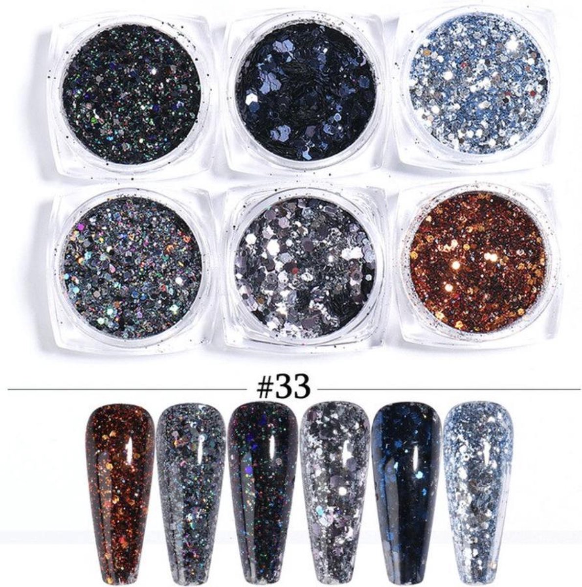 Goedkoopste Glitter Poeder Nail Art Set - 6 Stuks - Navy / Zwart / Brons - Nagel Decoratie Strass