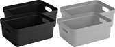 Set van 4x stuks opbergboxen/opbergmanden 24 liter kunststof zwart en grijs - Formaat per box:  45,3 x 35,4 x 18,3 cm