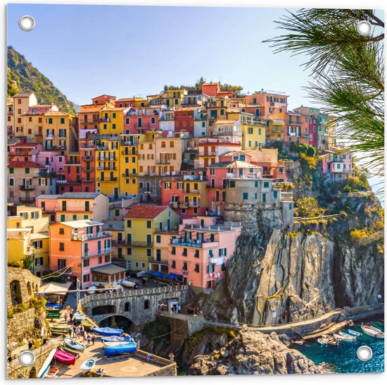 Tuinposter – Huisjes op Berg in Manarola - Italië - 50x50cm Foto op Tuinposter  (wanddecoratie voor buiten en binnen)