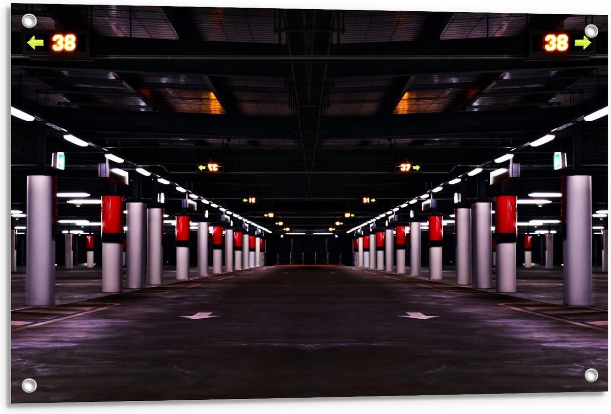 Tuinposter – Parkeergarage met Rode Palen - 90x60cm Foto op Tuinposter (wanddecoratie voor