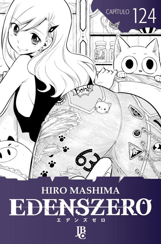 Edens Zero Hoofdstuk 124, met personages Rebecca en Happy, inclusief de tekst "HIRO MASHIMA EDENSZERO"