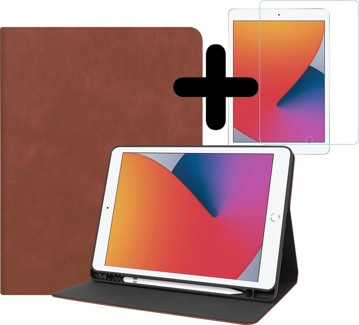Hoesje - Geschikt voor Apple iPad 7/8 (2019/2020) - 10.2 inch - 7e/8e Generatie - Met Screenprotector - Luxe Bookcase Hoes - Hard Cover Case - Met Uitsparing Geschikt voor Apple Pencil - Hardcover Book - Tablethoes - Bruin