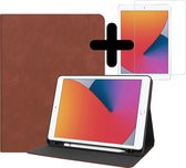 Luxe Lederen iPad 10.2 2019/2020 Hoes Book Case Hoesje En Screenprotector - Met Uitsparing Voor Apple Pencil - Bruin
