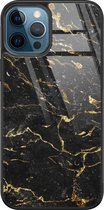 iPhone 12 hoesje glas - Marmer zwart goud - Hard Case - Zwart - Backcover - Marmer - Zwart