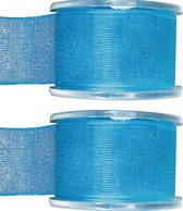 2x Hobby/decoratie turquoise organza sierlinten 4 cm/40 mm x 20 meter - Cadeaulint organzalint/ribbon - Striklint linten blauw