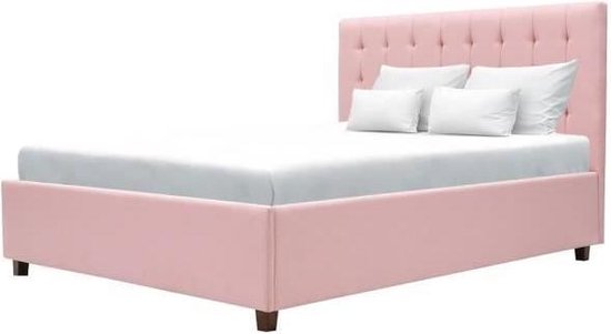 Bed voor volwassenen 140 x 190 cm + opbergdoos - Pastelroze stof - Inclusief bedbodem - EMILY