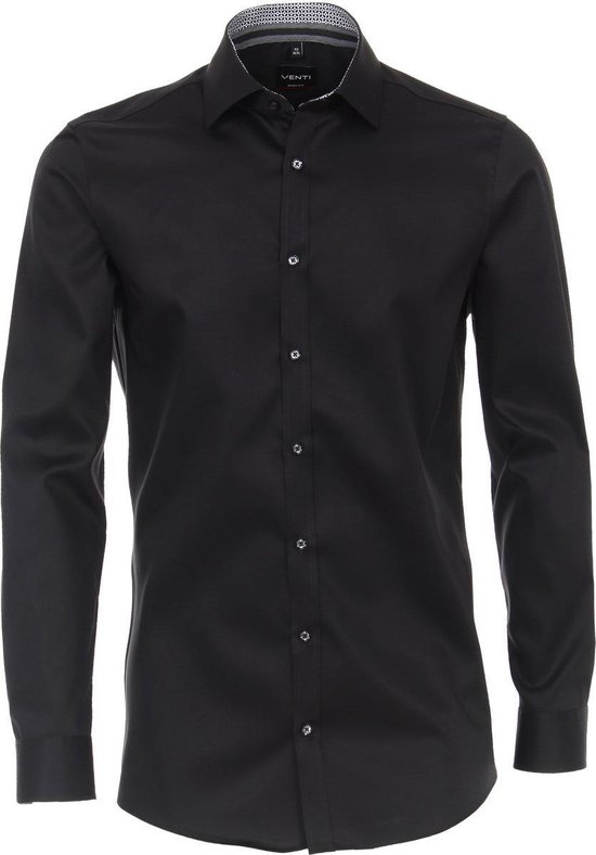 VENTI body fit overhemd - zwart twill (contrast) - Strijkvriendelijk - Boordmaat: