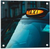 Tuinposter – Geel Taxi Bord - 50x50cm Foto op Tuinposter (wanddecoratie voor buiten en binnen)