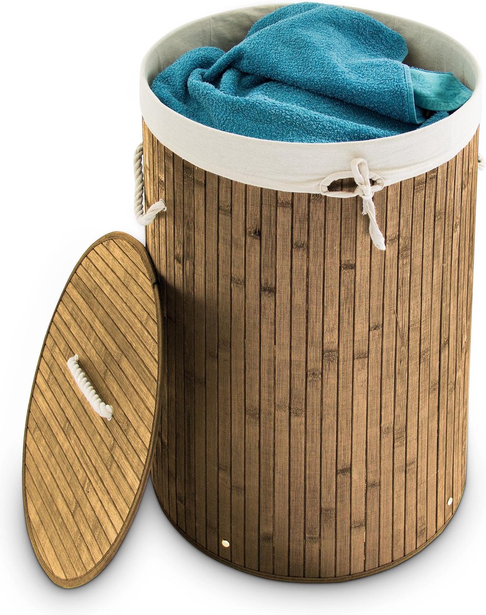 Relaxdays wasmand bamboe - wasbox met deksel - 70 liter - rond - 65 x 41 cm - Naturel