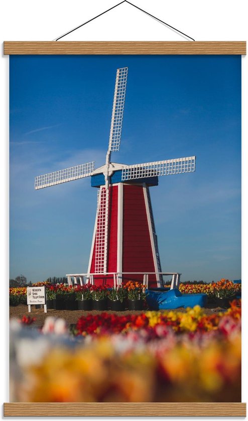 Schoolplaat – Rode Molen in Tulpenveld - 40x60cm Foto op Textielposter (Wanddecoratie op Schoolplaat)