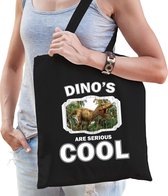 Dieren brullende t-rex dinosaurus  katoenen tasje volw + kind zwart - dinosaurs are cool boodschappentas/ gymtas / sporttas - cadeau dinosaurussen fan
