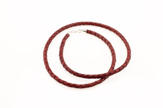 AuBor ®. Gevlochten leren ketting met zilveren sluiting.  Vintage rood/bruin. 4mm ×