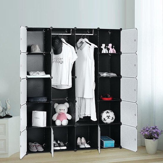 YUENFONG Kledingkast, reksysteem van 12 kubussen, PP-materiaal, garderobekast met deuren, draagbaar steekreksysteem, voor boeken, kleding, speelgoed (zwart