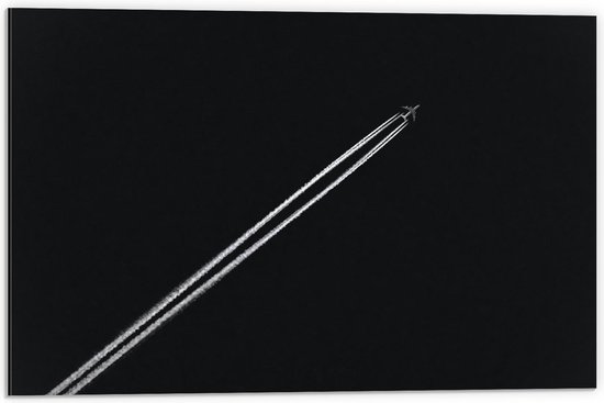 Dibond - Vliegtuig in de Lucht (schuin, zwart/wit) - 60x40cm Foto op Aluminium (Wanddecoratie van metaal)