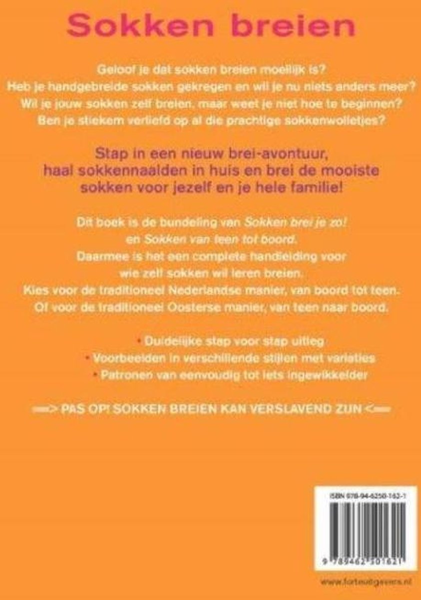 Achterkant boek 'Sokken breien' met beschrijving en ISBN.