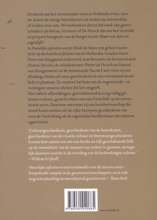 Achterkant van het boek 'Huiselijke taferelen' met tekst en een barcode.