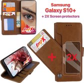 EmpX.nl Samsung Galaxy S10 Plus Khaki Boekhoesje en 2x Screen Protector | Portemonnee Book Case | Met Multi Stand Functie | Kaarthouder Card Case | Beschermhoes Sleeve | Met Pasjeshouder & Ma