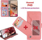 EmpX.nl Huawei P40 Rose Goud Boekhoesje en 2x Screen Protector | Portemonnee Book Case | Met Multi Stand Functie | Kaarthouder Card Case | Beschermhoes Sleeve | Met Pasjeshouder & Magneet Slu