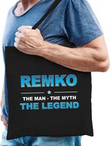 Naam cadeau Remko - The man, The myth the legend katoenen tas - Boodschappentas verjaardag/ vader/ collega/ geslaagd