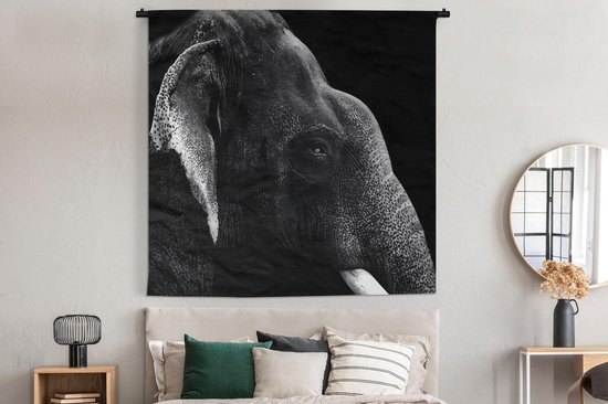 Tapisserie Profils animaux en Zwart- Wit - Profil animal éléphant en noir et blanc Tapisserie en coton 180x180 cm - Tapisserie avec photo