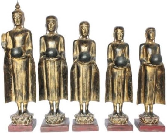 Fine Asianliving Staande Boeddha met Staande Monnik 107-75cm Set/5 Handgemaakt van Stevige Boomstam