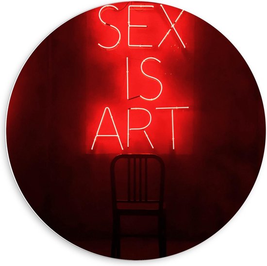 Forex Wandcirkel - ''Sex is Art'' Rode Letters met Stoel - 60x60cm Foto op Wandcirkel (met ophangsysteem)