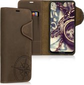 kalibri hoesje voor Motorola Moto G7 / Moto G7 Plus - leren hoes met pasjeshouder - Vintage Kompas design - bruin