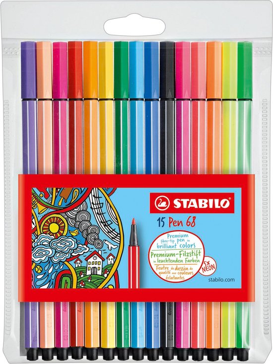 STABILO Pen 68 Premium Viltstift 15 Stuks Etui 10 Standaard + 5 Neon Kleuren